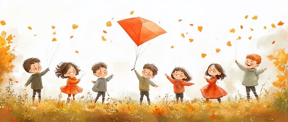 Group of children playing with a kite in an autumnal setting.