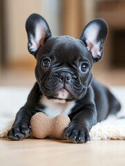 Playful French Bulldog puppy resting with a chew toy on a soft rug indoors in a cozy setting