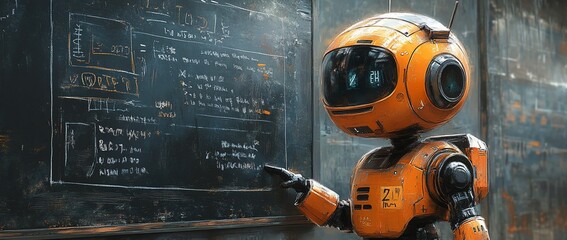 A small, orange robot teacher points to a chalkboard with equations and diagrams.