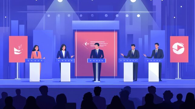 A political debate stage with candidates presenting their views to an audience.