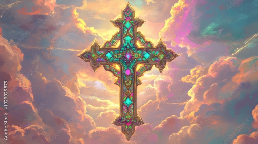 Wall mural A colorful cross design against a vibrant sky filled with clouds.