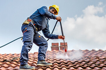 a worker washing the roof
