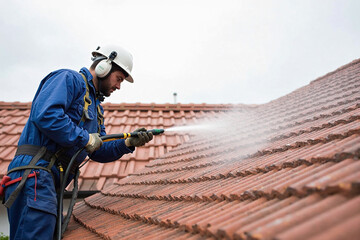 a worker washing the roof