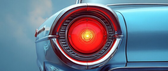 Close-up of a classic car's red taillight. The taillight is round and has a chrome trim.  The car is a light blue color.