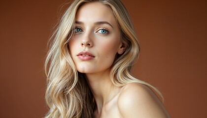 Close-up portrait of a young woman with long, soft blonde hair and calm expression, set against a warm brown background.