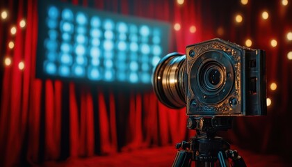 Vintage camera in focus at a film awards ceremony celebrating cinematic achievements