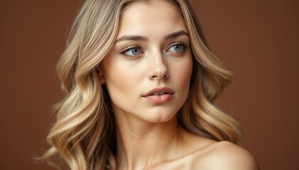 Naklejka premium Close-up portrait of a young woman with long, soft blonde hair and calm expression, set against a warm brown background.