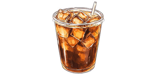 Refreshing cartoon illustration of iced coffee isolated on a white backdrop.
