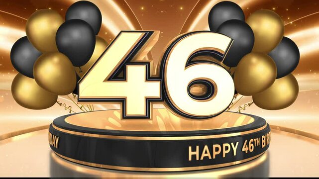 46 years, 46th birthday loop, looped video background, backdrop in 3D Gold with balloons
