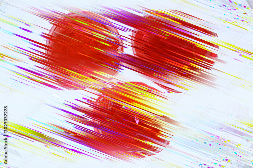 Poster red circles abstract background with glitch distortion on a white background