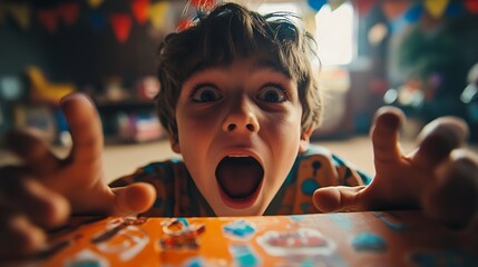 POV inside a gift box, teenage boy’s astonished face, mouth open in awe, hands reaching down into the box, soft shadows on his face, colorful birthday decorations blurred in the background,