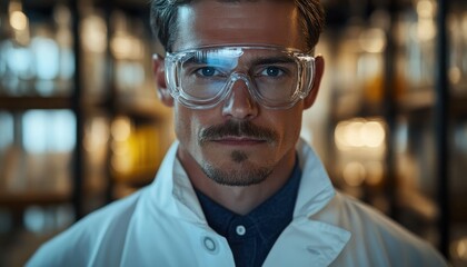 Fototapeta premium A confident chemist in protective gear stands amid glassware-filled lab shelves