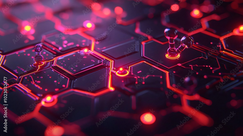 Poster a close-up view of a futuristic hexagonal pattern illuminated with vibrant red lights, showcasing an