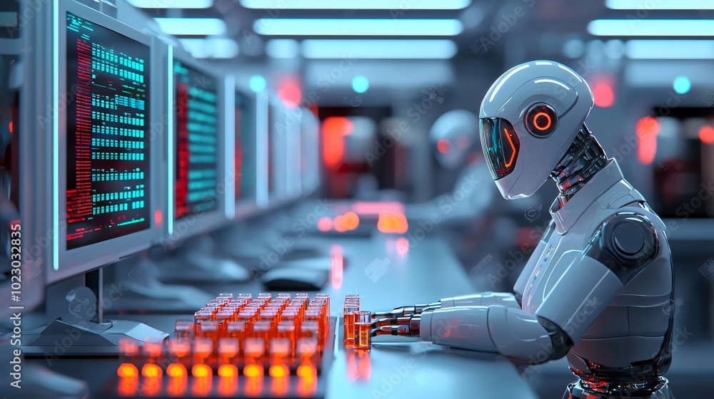 Poster a futuristic robot working at a computer in a high-tech, illuminated environment, symbolizing advanc