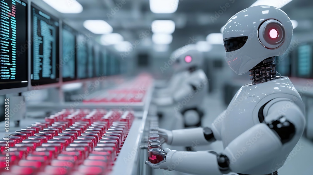 Poster a futuristic scene of robots working in a high-tech laboratory, engaged in data processing and techn