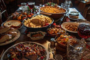 Beautiful thanksgiving dinner settings, holiday festive atmosphere dinner family gathering, generative ai image