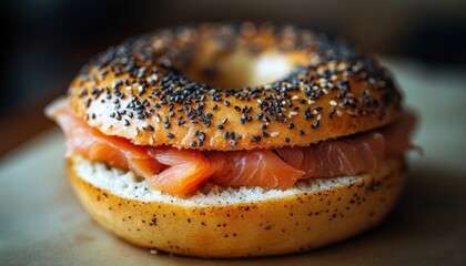 Bagel with lox served on a poppy seed bagel in a cozy New York café for breakfast