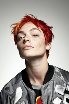 Portrait of a freckled person with vibrant red hair styled in an edgy cut and an intense expression, wearing a casual jacket, showcasing bold and youthful energy.