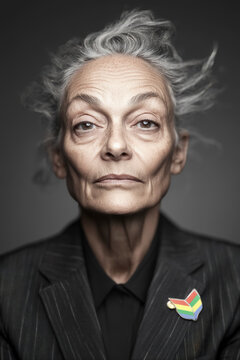Elder with a wise expression and graying hair, wearing a dark pinstriped suit adorned with a rainbow pin, reflecting wisdom, dignity, and pride in individuality.