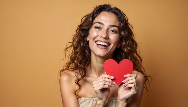 A cheerful young woman smiles brightly while holding a red paper heart against a warm-toned background, conveying feelings of love, happiness, and positivity.