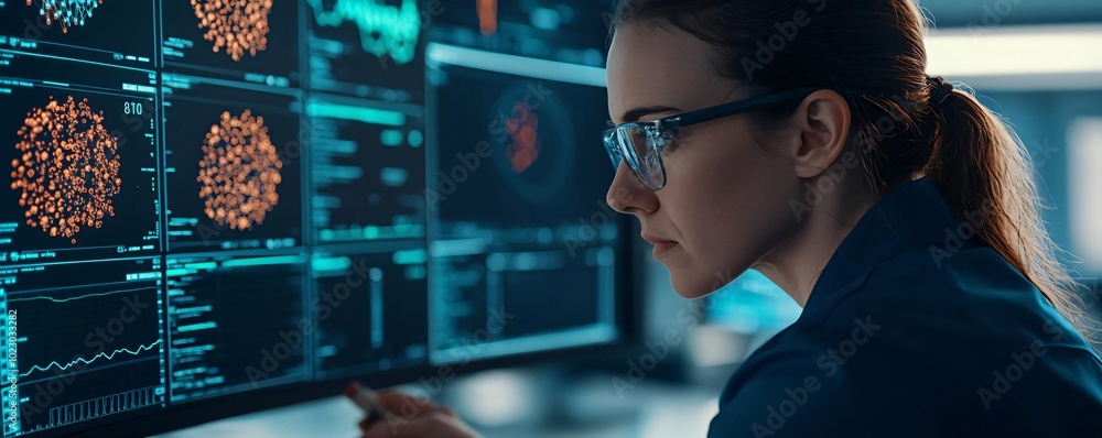 Aufkleber a scientist analyzing data on digital screens in a modern lab, showcasing advanced research and tech