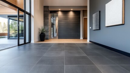 Obraz premium Modern interior of a spacious entrance hall with large tiles, minimalistic decor, and sliding glass doors leading to an outdoor area.