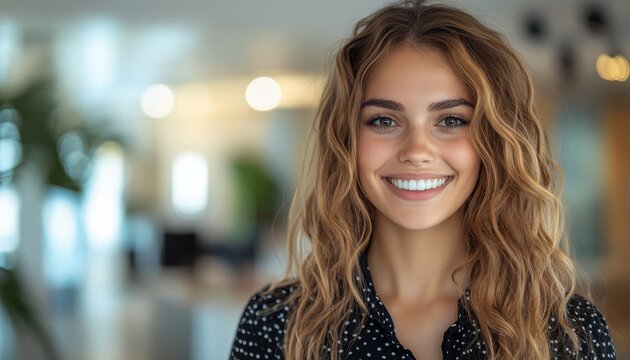 A smiling young woman with wavy hair shows great customer service skills in a modern office