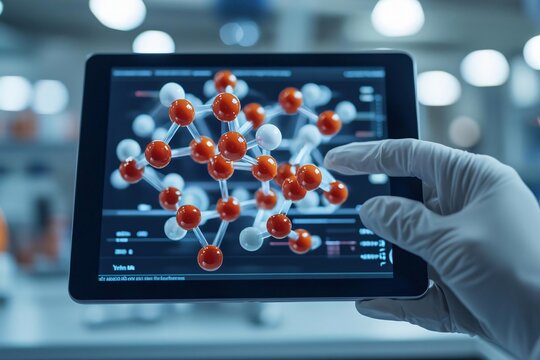 A scientist examines molecular structures on a tablet, showcasing advanced research in a modern laboratory environment.