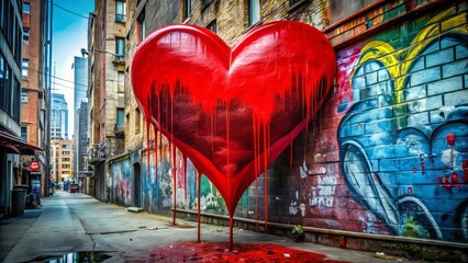 Obraz premium Vivid red heart graffiti drips paint, capturing the essence of urban love. This street art expresses deep emotions and transforms cityscapes into vibrant canvases.