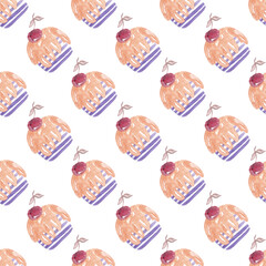 Layer cakes. Easter or Christmas cake with cherry. Watercolor illustration. Background design. Seamless holiday pattern for your design. White background
