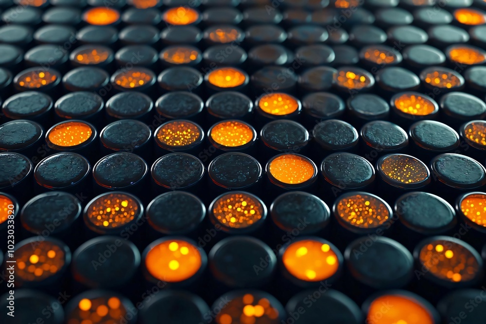 Poster abstract close-up image of glossy black and orange circular elements, creating a vibrant and dynamic