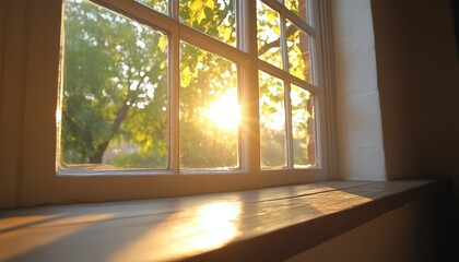 Naklejka premium Polishing the windowsills at sunrise, creating a bright and clean atmosphere