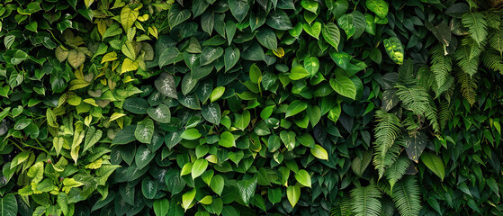 Fototapeta premium Green living wall with perennial plants in modern office. Urban gardening landscaping interior design. Fresh green vertical plant wall inside office