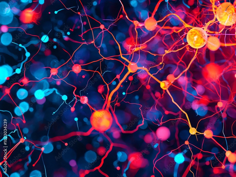 Poster an abstract representation of neural connections with vibrant colors, illustrating the complexity of