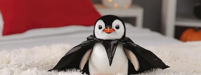 A cute penguin plush toy dressed in a black cloak, ready for Halloween or a playful costume party on a cozy bed.