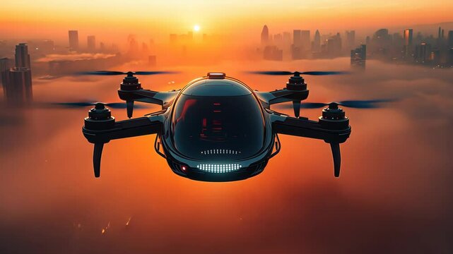 Futuristic passenger drone car flying in the sky over modern city for future air transportation and robotaxi concept - AI generated horizontal video