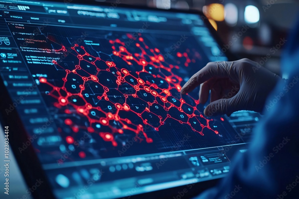 Poster close-up of a hand interacting with a digital interface showcasing complex data visualization and ne