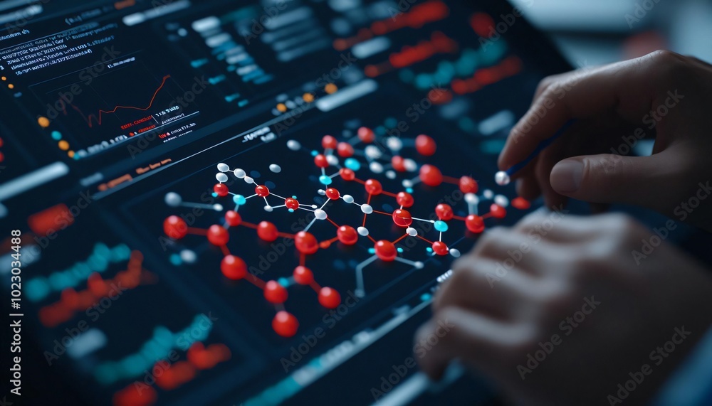 Poster close-up of hands interacting with a digital interface displaying molecular structures and analytics