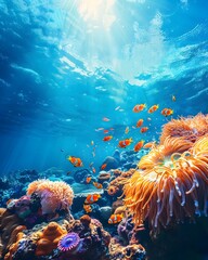 Vibrant Underwater Coral Reef Teeming with Colorful Fish and Sea Anemones