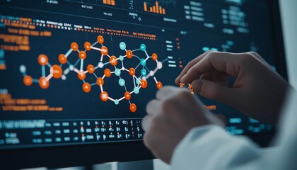 Close-up of hands interacting with data visualization on a computer screen, showcasing analysis and technology in research.