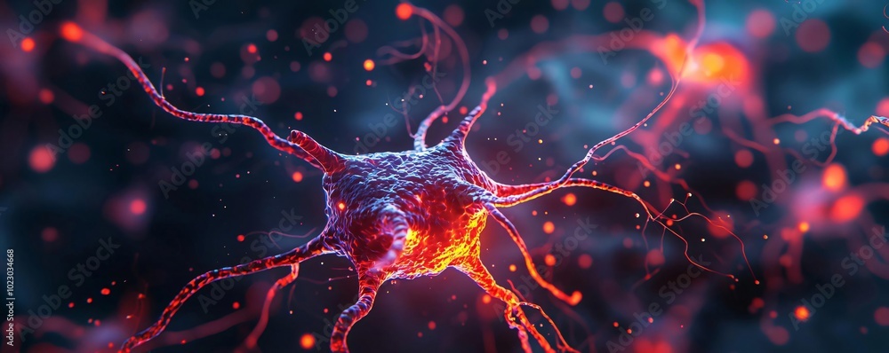 Poster close-up view of a glowing neuron, showcasing intricate details and vibrant colors, representing the