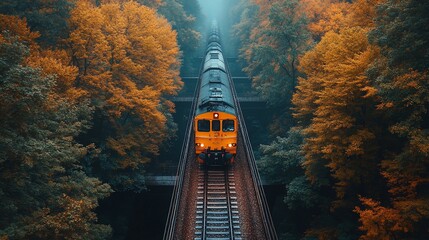 A yellow train travels through a dense forest in the fall. The train is traveling over a bridge, and the trees on either side are a vibrant orange and red. 
