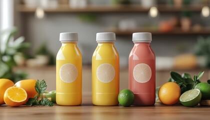 Vibrant juice carton mockup showcasing citrus and berry flavors in a natural setting