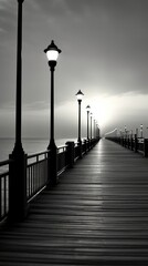 Obraz premium The pier boardwalk railing sunset.