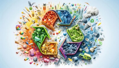 Fototapeta premium An artistic representation of the recycling process, showing materials being transformed into new products in a colorful and engaging way.