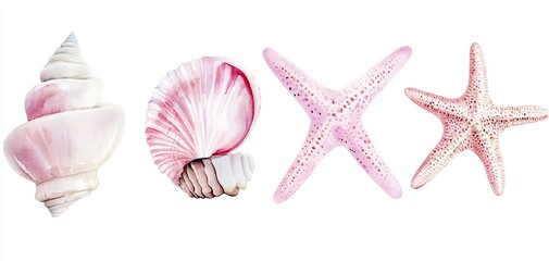 Obraz premium A beautiful collection of seashells and starfish in delicate shades of pink on a white background.