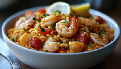 Savor vibrant seafood paella with shrimp, tomatoes, and lemon in a cozy coastal setting