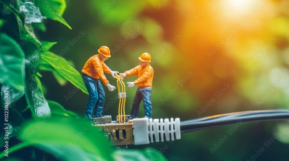 Poster close-up of miniature technicians collaborating on maintenance of rj45 network cables, illustrating 