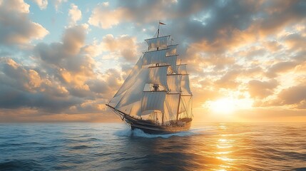 Obraz premium A majestic sailing ship sails towards a vibrant sunset, with the sun casting a golden glow on the water.