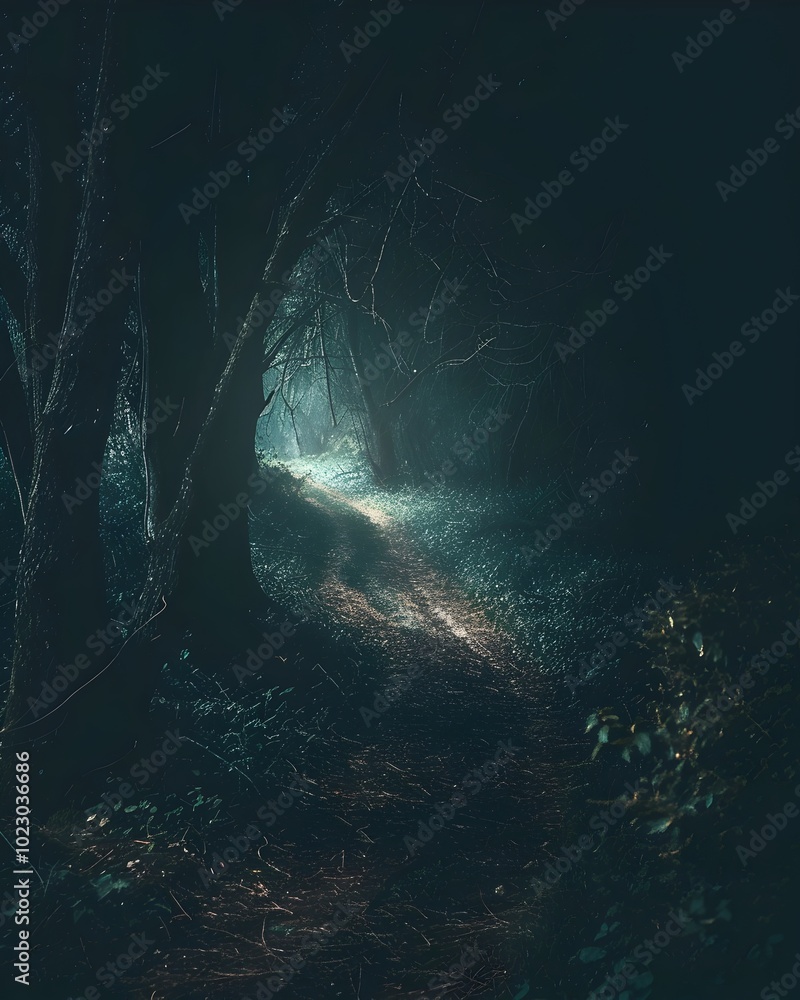 Poster mysterious illuminated path leading into dark forest enigma